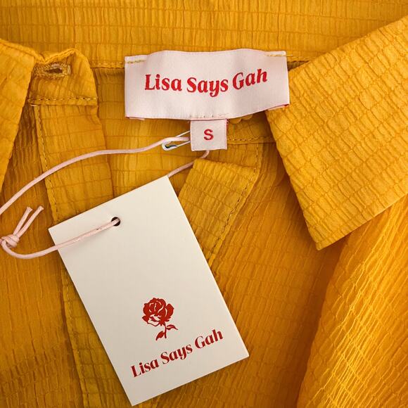 NEW Lisa Says Gah | Shirred Mustard Yellow Solid Sheer Flower Button Button Top - Picture 9 of 10